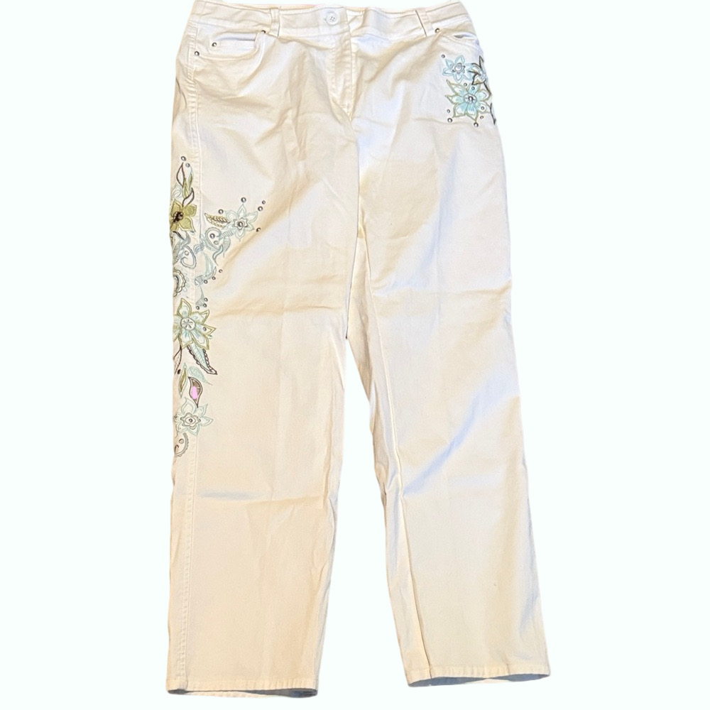 Susan Graver off white Jeans with Floral Embroidery